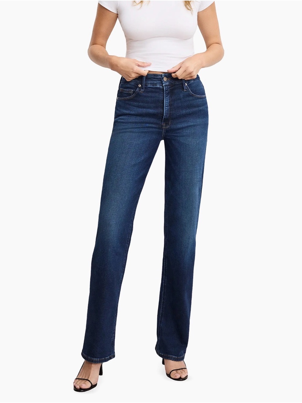 Good American Soft Tech Good Legs Straight Jeans Leg in Dark Blue